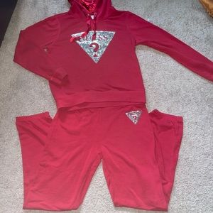 Red Guess Sweat Suit With Silk Hood - Size Large